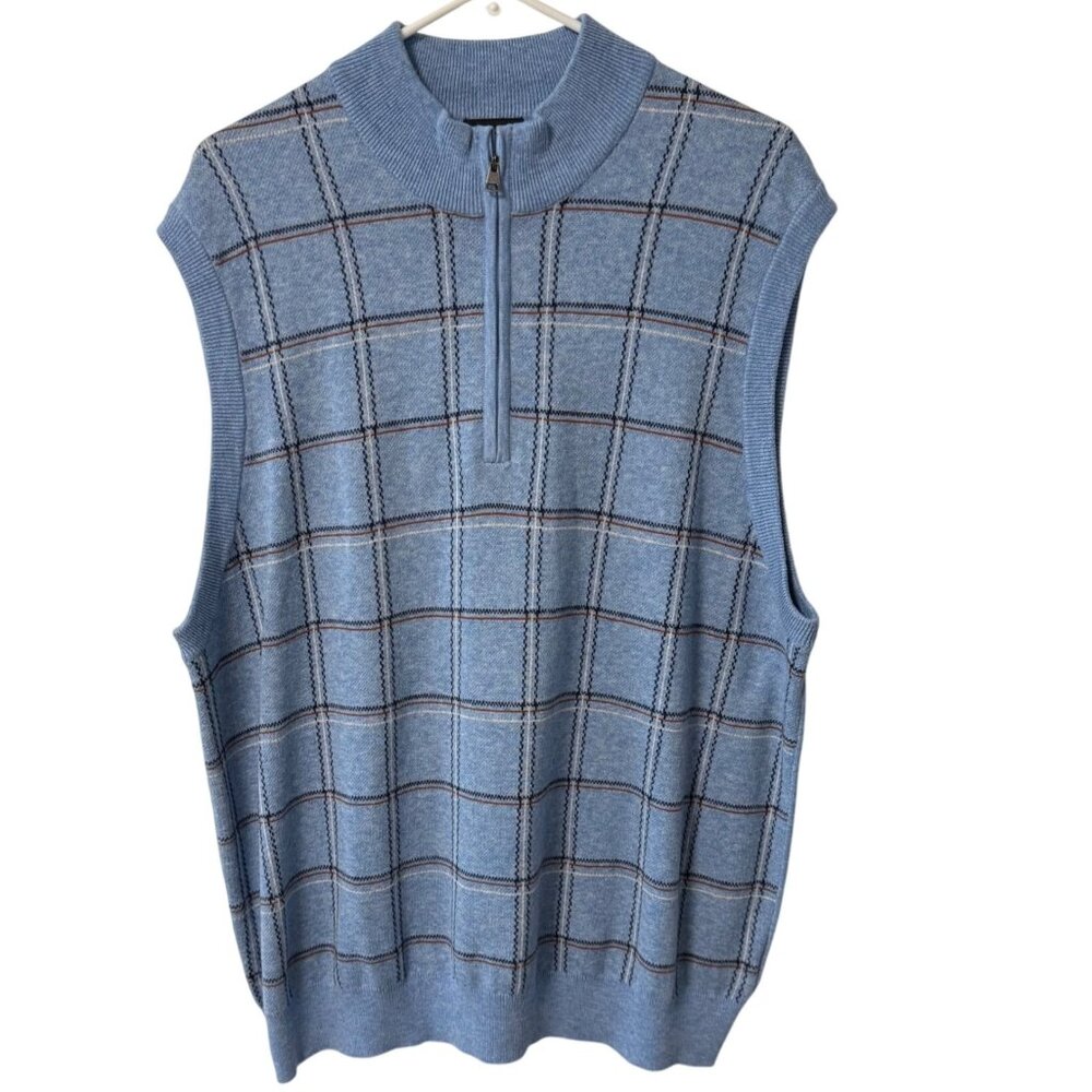 Greg Norman Blue Plaid Sweater Vest Golf Mens Size L Mockneck Sleeveless 1/4 Zip